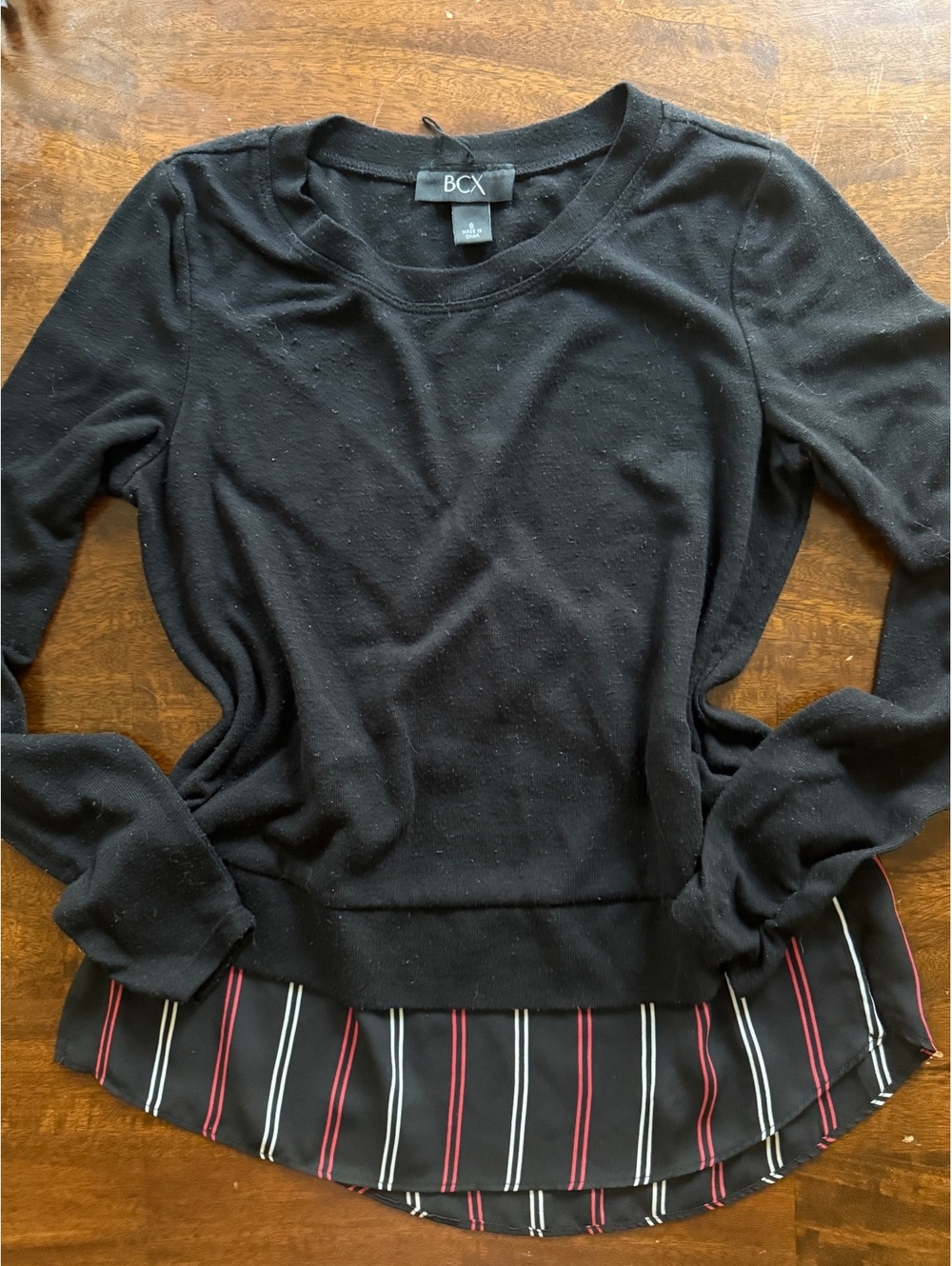BCX Black Layered Look Sweater with Striped Back Detail, Size Small
